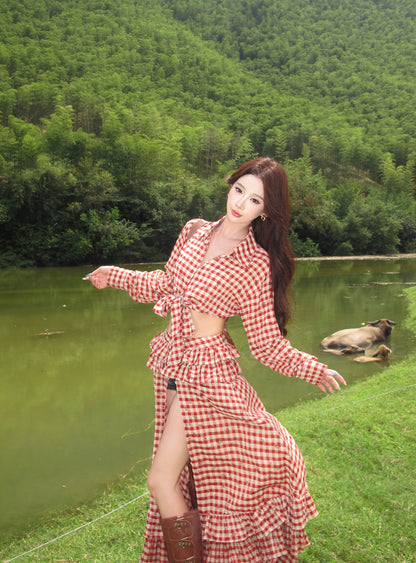 Vintage Red Plaid A-Line 2-Piece Set Ruffled Maxi Dress Charming Long Sleeve Open Waist Slit Long Dress AP3292