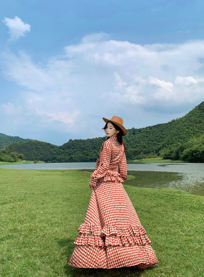 Vintage Red Plaid A-Line 2-Piece Set Ruffled Maxi Dress Charming Long Sleeve Open Waist Slit Long Dress AP3292