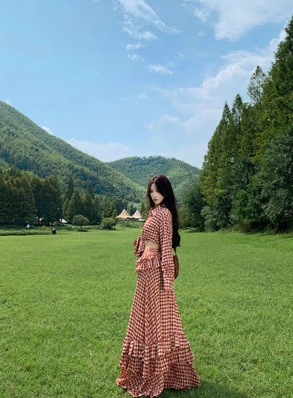 Vintage Red Plaid A-Line 2-Piece Set Ruffled Maxi Dress Charming Long Sleeve Open Waist Slit Long Dress AP3292