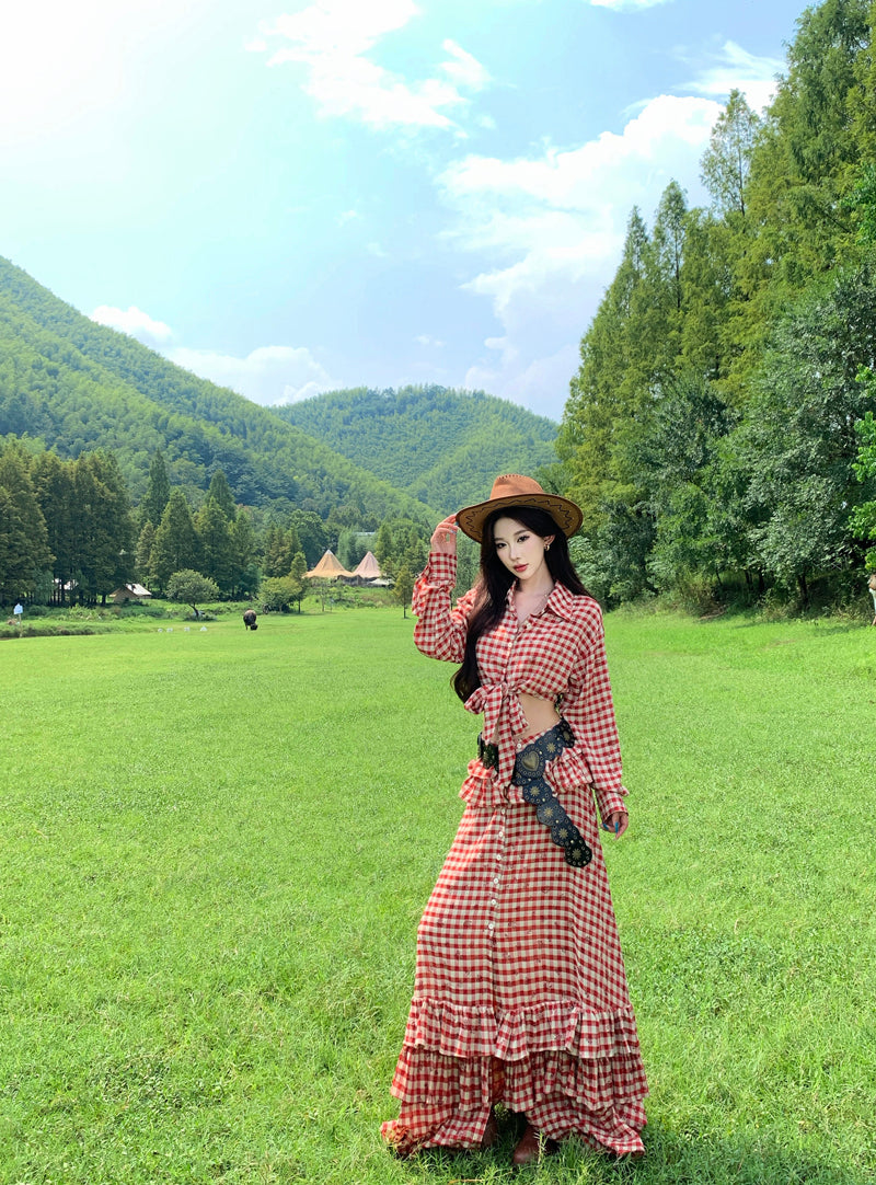 Vintage Red Plaid A-Line 2-Piece Set Ruffled Maxi Dress Charming Long Sleeve Open Waist Slit Long Dress AP3292