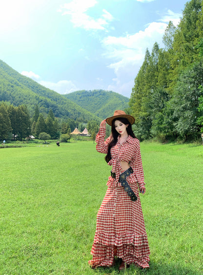 Vintage Red Plaid A-Line 2-Piece Set Ruffled Maxi Dress Charming Long Sleeve Open Waist Slit Long Dress AP3292