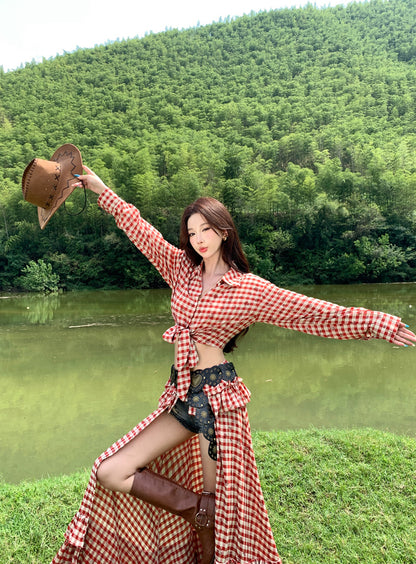 Vintage Red Plaid A-Line 2-Piece Set Ruffled Maxi Dress Charming Long Sleeve Open Waist Slit Long Dress AP3292