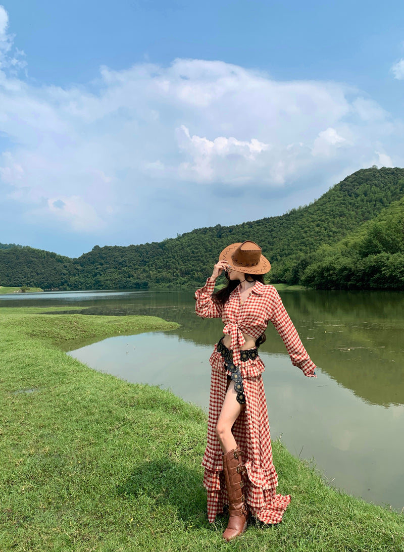 Vintage Red Plaid A-Line 2-Piece Set Ruffled Maxi Dress Charming Long Sleeve Open Waist Slit Long Dress AP3292