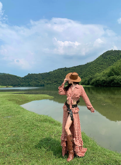 Vintage Red Plaid A-Line 2-Piece Set Ruffled Maxi Dress Charming Long Sleeve Open Waist Slit Long Dress AP3292