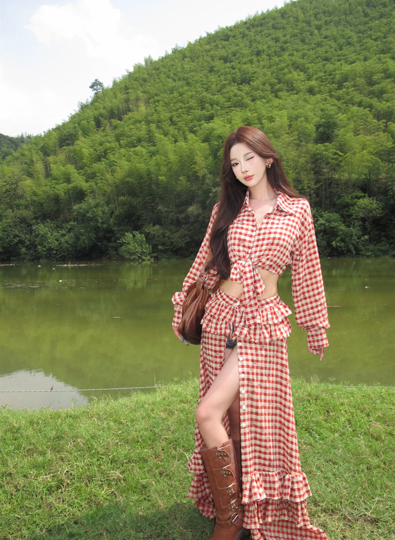 Vintage Red Plaid A-Line 2-Piece Set Ruffled Maxi Dress Charming Long Sleeve Open Waist Slit Long Dress AP3292