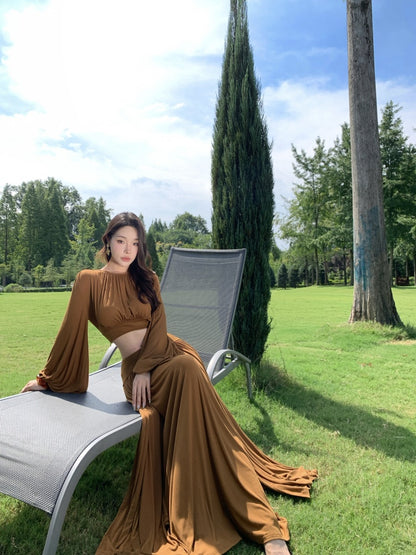 Simple A-Line 2-Piece Set Jewel Neck Maxi Dress Fashionable Long Sleeve Open Waist High Slit Long Dress AP3294