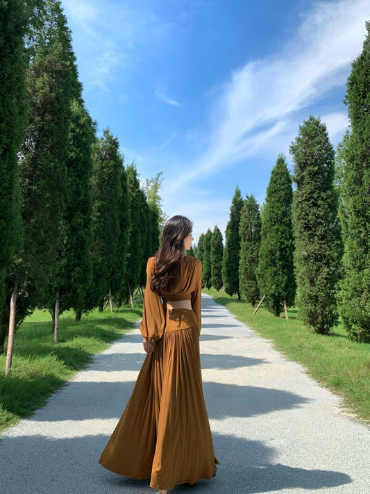 Simple A-Line 2-Piece Set Jewel Neck Maxi Dress Fashionable Long Sleeve Open Waist High Slit Long Dress AP3294