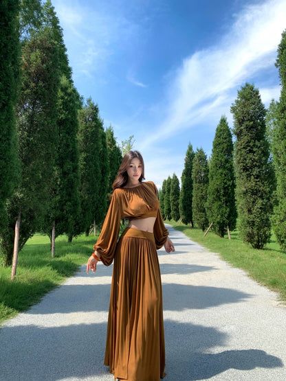 Simple A-Line 2-Piece Set Jewel Neck Maxi Dress Fashionable Long Sleeve Open Waist High Slit Long Dress AP3294
