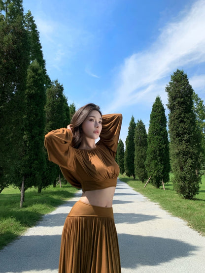 Simple A-Line 2-Piece Set Jewel Neck Maxi Dress Fashionable Long Sleeve Open Waist High Slit Long Dress AP3294