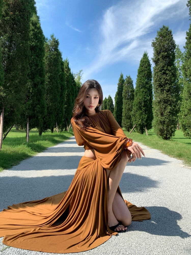 Simple A-Line 2-Piece Set Jewel Neck Maxi Dress Fashionable Long Sleeve Open Waist High Slit Long Dress AP3294