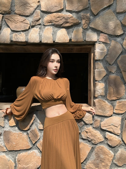 Simple A-Line 2-Piece Set Jewel Neck Maxi Dress Fashionable Long Sleeve Open Waist High Slit Long Dress AP3294