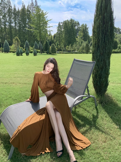 Simple A-Line 2-Piece Set Jewel Neck Maxi Dress Fashionable Long Sleeve Open Waist High Slit Long Dress AP3294