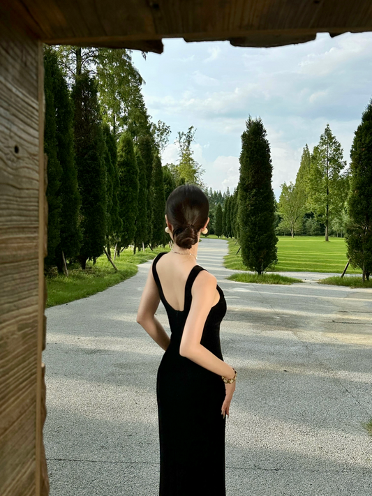 Simple Sheath Spaghetti Strap Formal Maxi Dress Sexy Black Velvet Long Dress AP3295