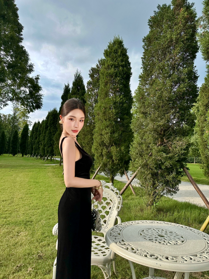 Simple Sheath Spaghetti Strap Formal Maxi Dress Sexy Black Velvet Long Dress AP3295