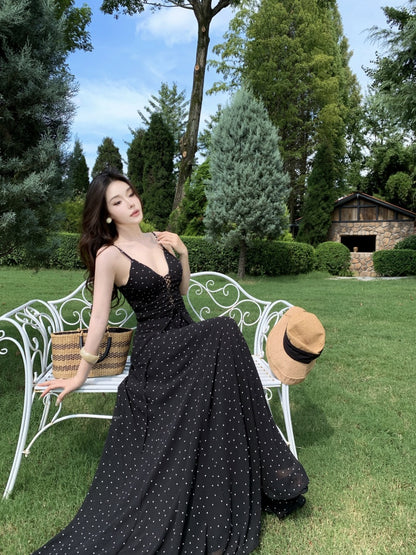 Cute Spaghetti Strap A-Line Polka Dots Maxi Dress Vintage Cinched-Waist Cutout Long Dress AP3296