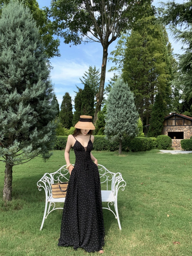 Cute Spaghetti Strap A-Line Polka Dots Maxi Dress Vintage Cinched-Waist Cutout Long Dress AP3296