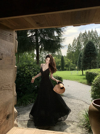 Cute Spaghetti Strap A-Line Polka Dots Maxi Dress Vintage Cinched-Waist Cutout Long Dress AP3296