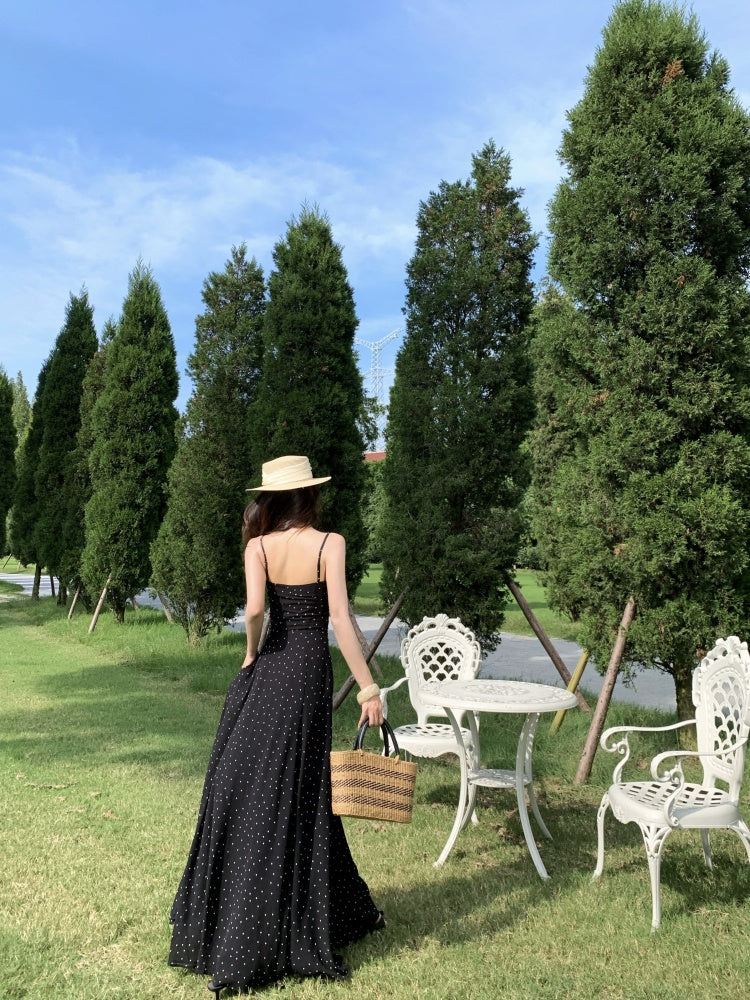 Cute Spaghetti Strap A-Line Polka Dots Maxi Dress Vintage Cinched-Waist Cutout Long Dress AP3296