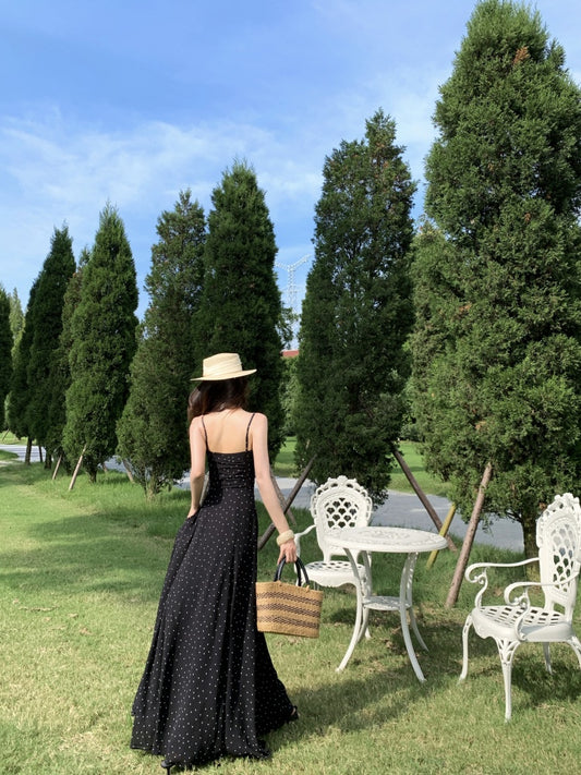 Cute Spaghetti Strap A-Line Polka Dots Maxi Dress Vintage Cinched-Waist Cutout Long Dress AP3296