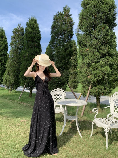 Cute Spaghetti Strap A-Line Polka Dots Maxi Dress Vintage Cinched-Waist Cutout Long Dress AP3296