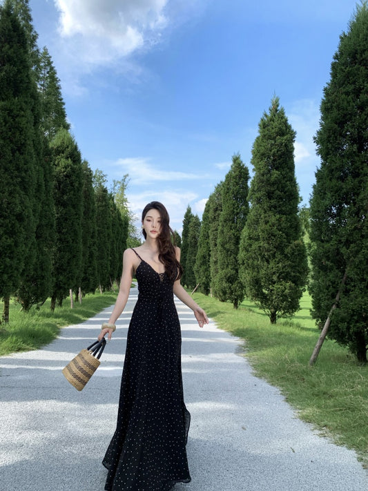 Cute Spaghetti Strap A-Line Polka Dots Maxi Dress Vintage Cinched-Waist Cutout Long Dress AP3296