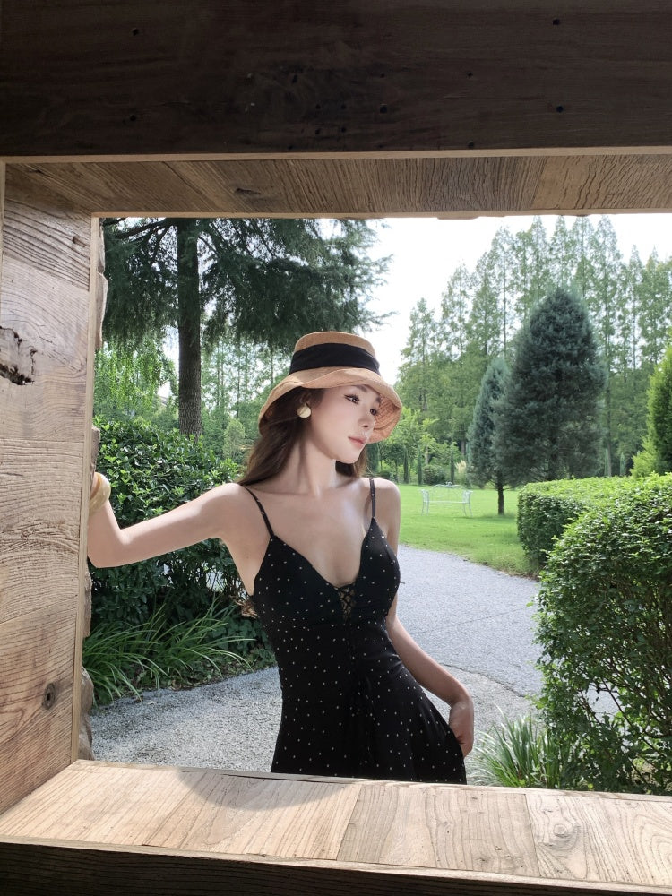 Cute Spaghetti Strap A-Line Polka Dots Maxi Dress Vintage Cinched-Waist Cutout Long Dress AP3296