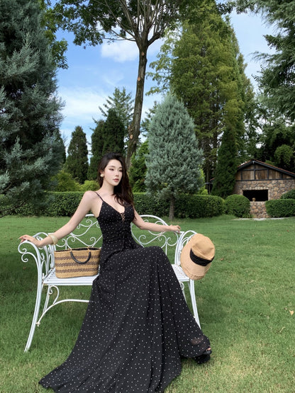 Cute Spaghetti Strap A-Line Polka Dots Maxi Dress Vintage Cinched-Waist Cutout Long Dress AP3296