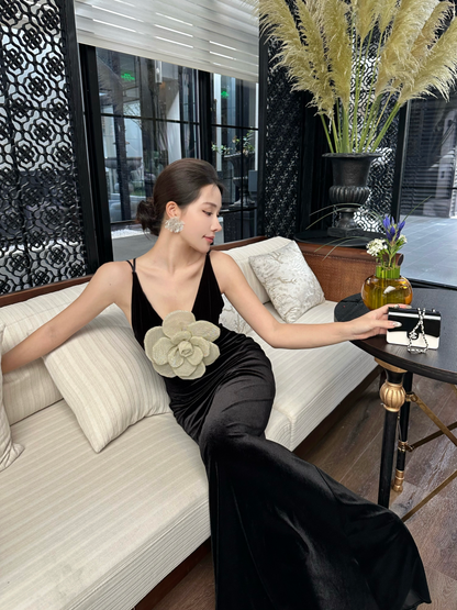 Luxury 3D Floral Mermaid Spaghetti Strap Maxi Dress Charming Velvet Evening Outfit Black Long Dress AP3297