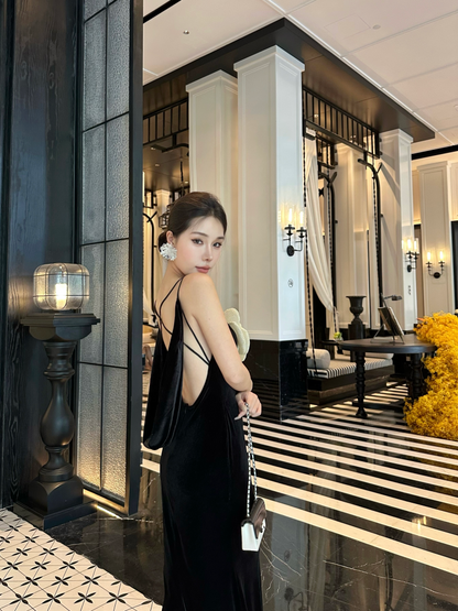 Luxury 3D Floral Mermaid Spaghetti Strap Maxi Dress Charming Velvet Evening Outfit Black Long Dress AP3297