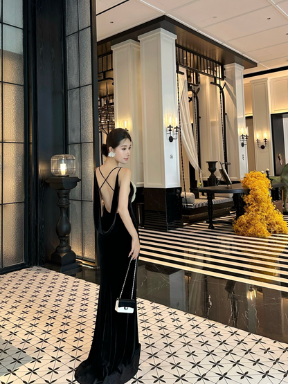 Luxury 3D Floral Mermaid Spaghetti Strap Maxi Dress Charming Velvet Evening Outfit Black Long Dress AP3297