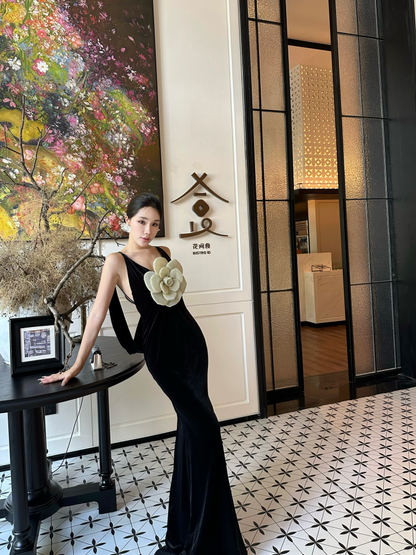 Luxury 3D Floral Mermaid Spaghetti Strap Maxi Dress Charming Velvet Evening Outfit Black Long Dress AP3297