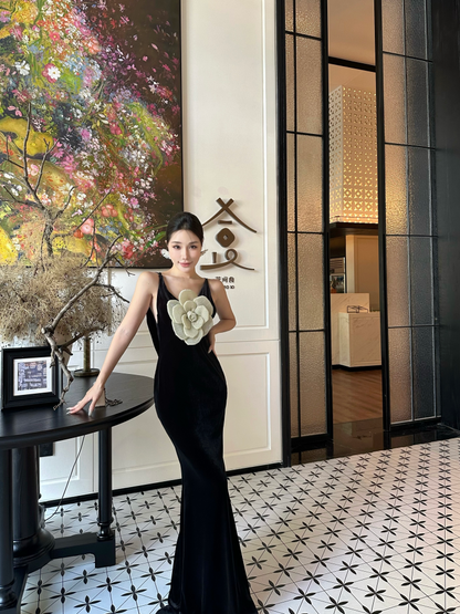 Luxury 3D Floral Mermaid Spaghetti Strap Maxi Dress Charming Velvet Evening Outfit Black Long Dress AP3297