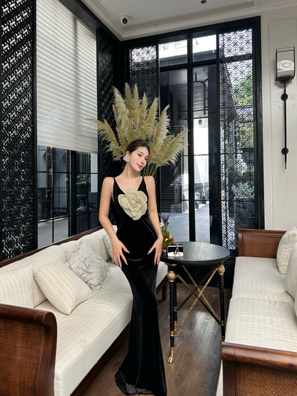 Luxury 3D Floral Mermaid Spaghetti Strap Maxi Dress Charming Velvet Evening Outfit Black Long Dress AP3297