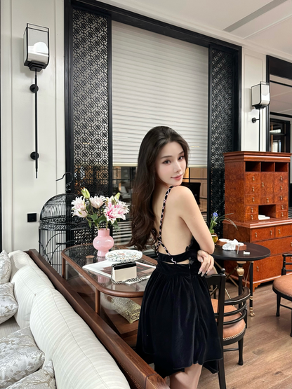 Casual Black A-Line Mini Dress Charming Spaghetti Strap Ruffles Hem Velvet Short Dress AP3298