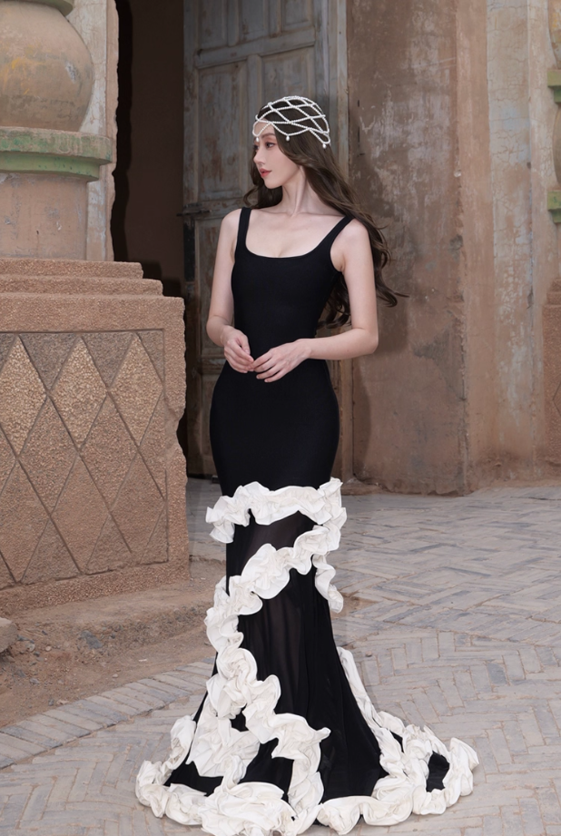 French Style Ruffles Trim Mermaid Maxi Dress Evening Parties Square Neck Long Dress AP3299