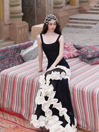 French Style Ruffles Trim Mermaid Maxi Dress Evening Parties Square Neck Long Dress AP3299