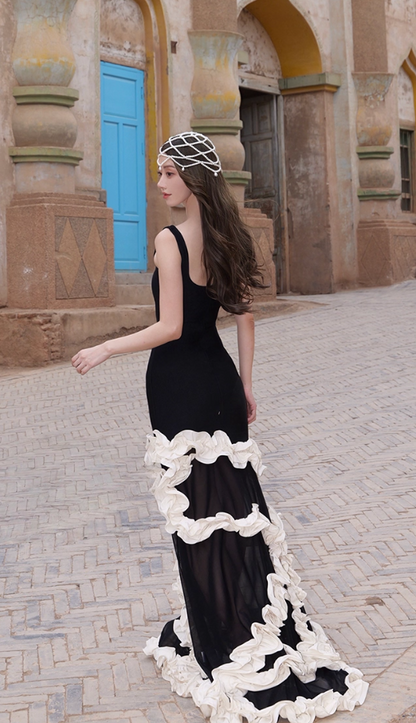 French Style Ruffles Trim Mermaid Maxi Dress Evening Parties Square Neck Long Dress AP3299