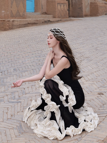 French Style Ruffles Trim Mermaid Maxi Dress Evening Parties Square Neck Long Dress AP3299