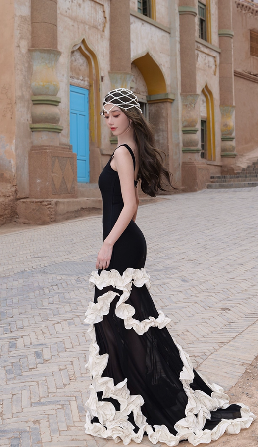 French Style Ruffles Trim Mermaid Maxi Dress Evening Parties Square Neck Long Dress AP3299