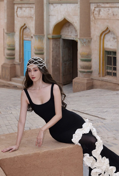 French Style Ruffles Trim Mermaid Maxi Dress Evening Parties Square Neck Long Dress AP3299