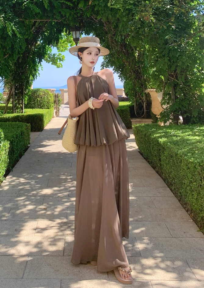 Chic Jewel Neck A-Line Flowy Maxi Dress Summer Vacation 2-Piece Set Long Dress AP3300