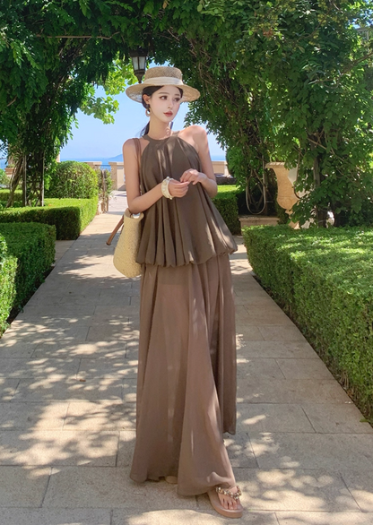 Chic Jewel Neck A-Line Flowy Maxi Dress Summer Vacation 2-Piece Set Long Dress AP3300