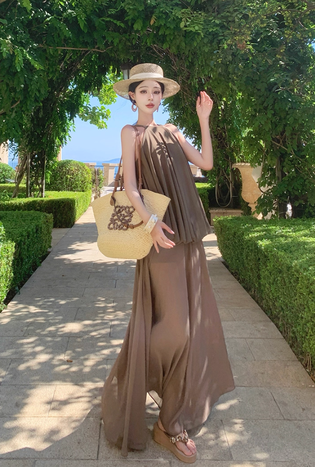 Chic Jewel Neck A-Line Flowy Maxi Dress Summer Vacation 2-Piece Set Long Dress AP3300