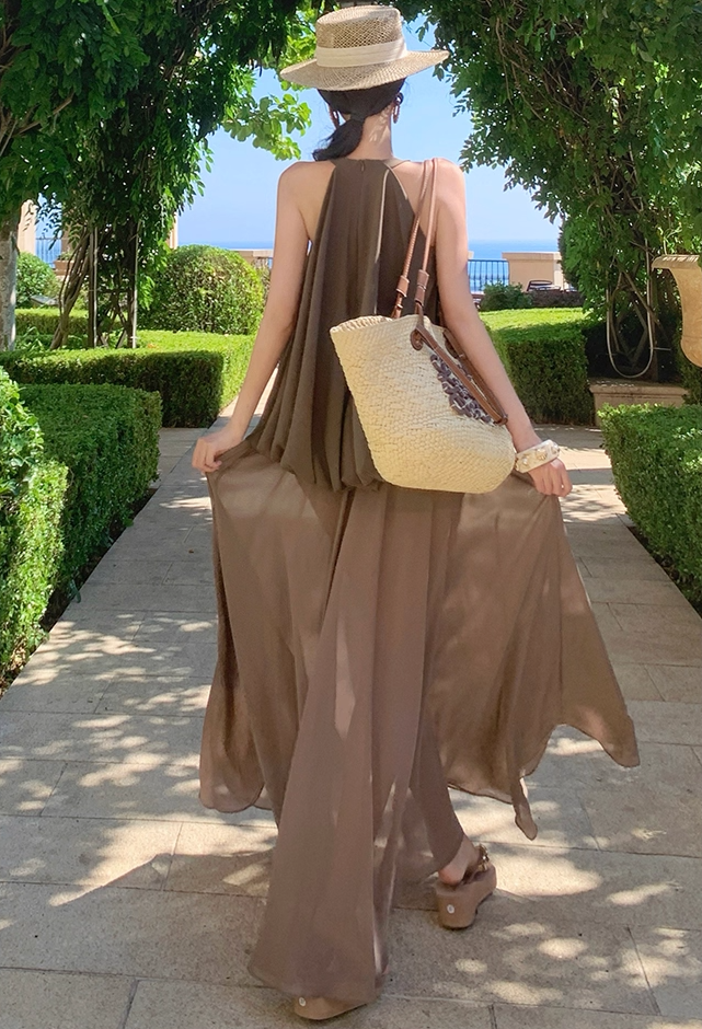 Chic Jewel Neck A-Line Flowy Maxi Dress Summer Vacation 2-Piece Set Long Dress AP3300