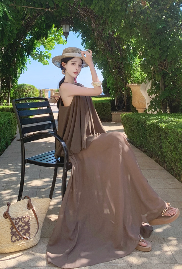 Chic Jewel Neck A-Line Flowy Maxi Dress Summer Vacation 2-Piece Set Long Dress AP3300