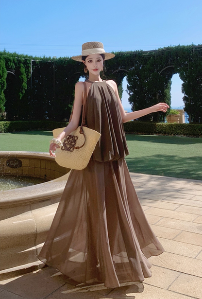 Chic Jewel Neck A-Line Flowy Maxi Dress Summer Vacation 2-Piece Set Long Dress AP3300