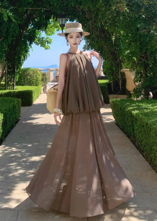 Chic Jewel Neck A-Line Flowy Maxi Dress Summer Vacation 2-Piece Set Long Dress AP3300