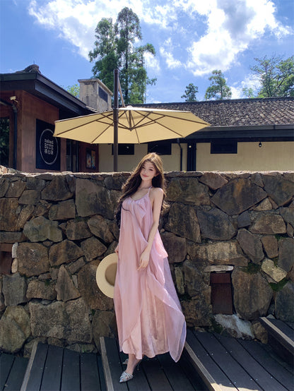 Ethereal Halter Neck A-Line Tulle Overlay Maxi Dress Dreamy Pink Backless Jacquard Long Dress AP3301