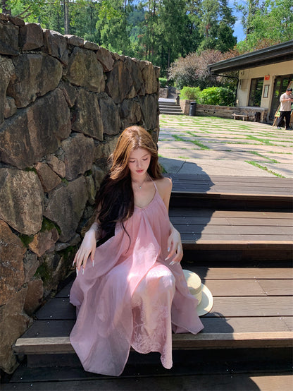 Ethereal Halter Neck A-Line Tulle Overlay Maxi Dress Dreamy Pink Backless Jacquard Long Dress AP3301