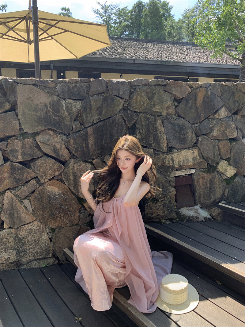 Ethereal Halter Neck A-Line Tulle Overlay Maxi Dress Dreamy Pink Backless Jacquard Long Dress AP3301